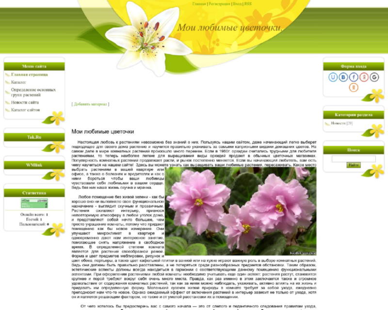 Изображение скриншота сайта - Мои любимые цветочки.  Растения оживляют интерьер.