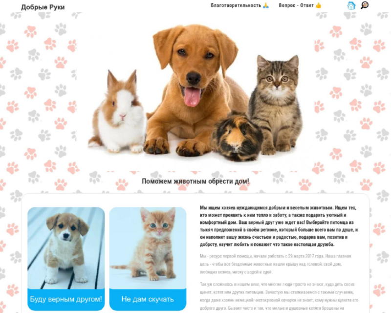 Изображение скриншота сайта - Добрые руки | Отдаём животных в дар | По всей России