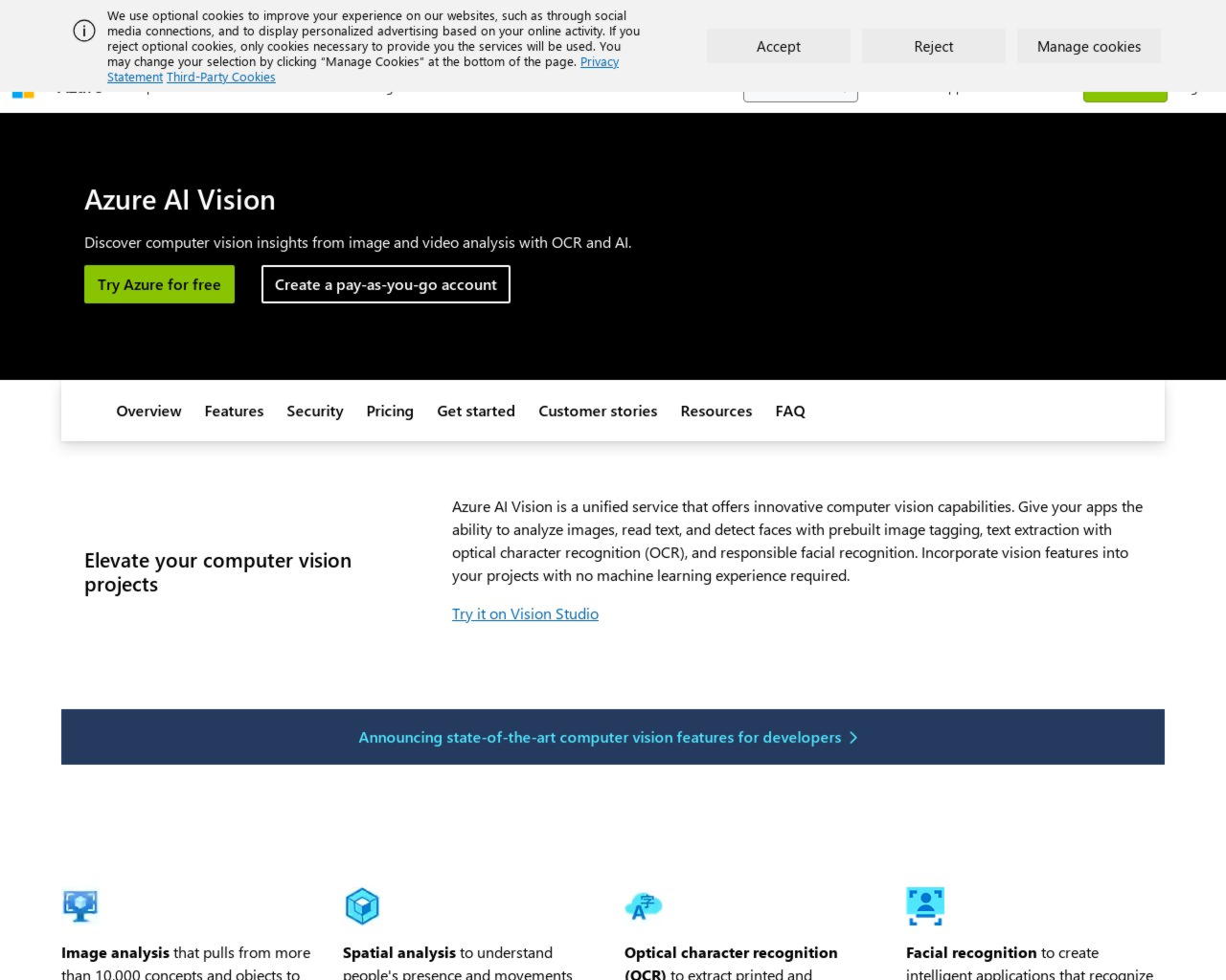 Изображение скриншота сайта - Azure AI Vision — это унифицированная служба, предлагающая инновационные возможности компьютерного зрения.