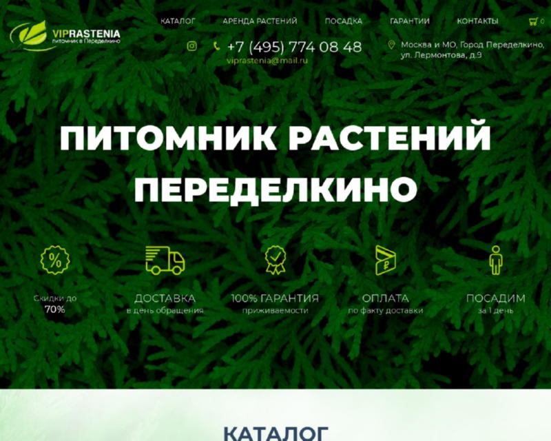 Изображение скриншота сайта - Питомник растений "Переделкино" - Продажа элитных растений
